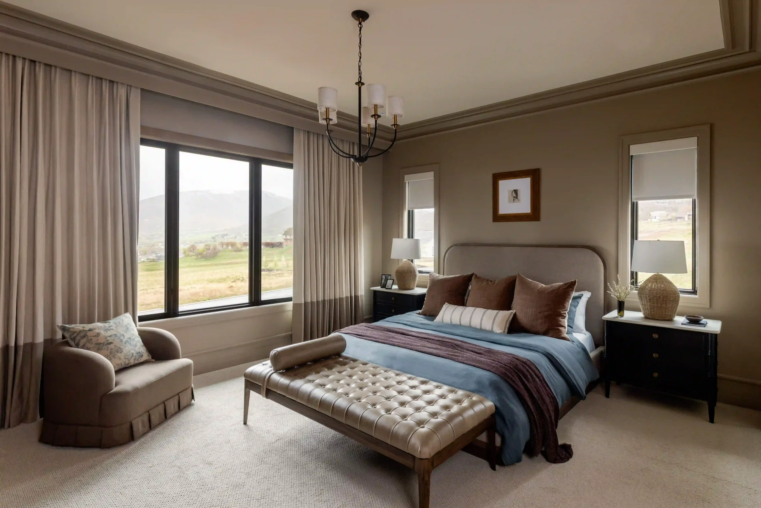 Bedroom window with a tailored Roman shade