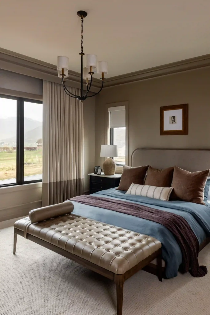 Bedroom windows with layered shades and full-length drapery